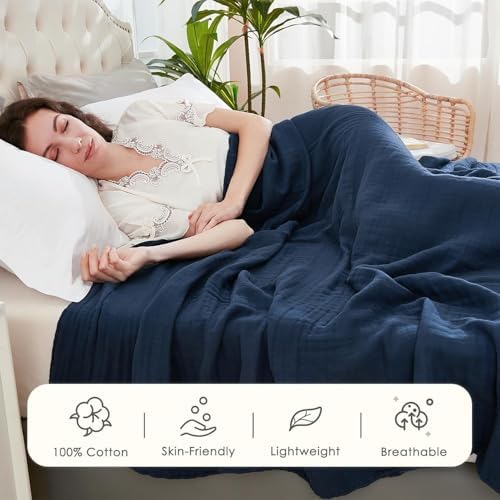EMME Cotton Muslin Blanket King Size - Soft, Breathable Layering Blanket, 108"x90", All Season Gauze, Navy - Image 2