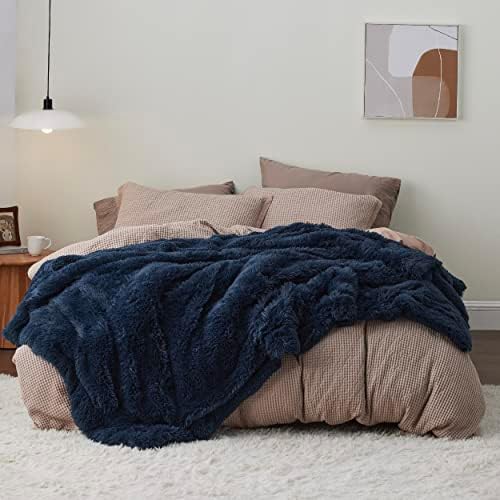 Bedsure Faux Fur Fluffy Sherpa Fleece Queen Bed Blanket Navy Blue 60"x80" - Image 6