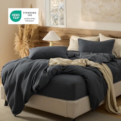 Bedsure PureWoven Cotton Waffle Duvet Cover Set with Fitted Sheet, Queen - Image 3