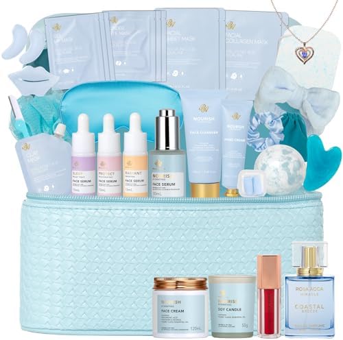 33 Pcs Mother's Day Gift, Hydrating Skin Care Set for Women, Spa & Self Care Gift, Bath & Body Gift Basket Set for Women, Cosmetic Bag, Necklace, Christmas, Birthday, Anniversary, Wife by RAROSAACCA