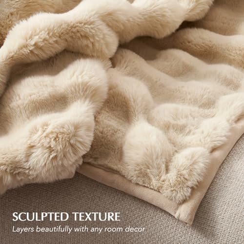 EverGrace Faux Rabbit Fur Bubble Throw Blanket, 60"x80", Cream - Image 5