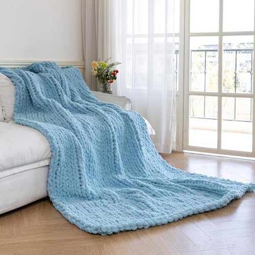Chunky Knit Throw Blanket for Couch，50x60 Inches Light Blue by Larexius