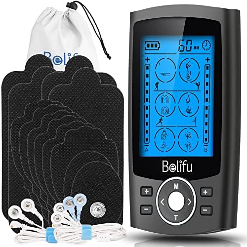 Belifu Dual Channel TENS EMS Unit with 12 Pads, 24 Modes Muscle Stimulator, Electronic Pulse Massager Muscle Massager for Pain Relief Therapy, Fastening Cable Ties, Dust-Proof Drawstring Storage Bag by Belifu