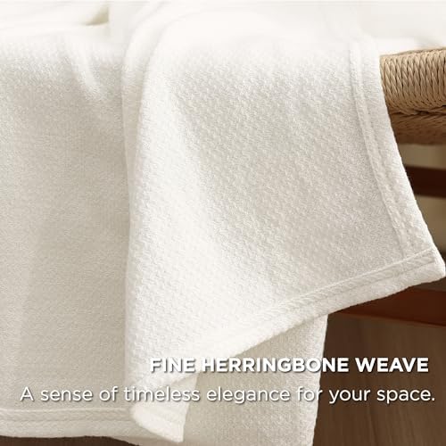 Bedsure 100% Cotton Blanket, Herringbone Weave, King, Cream - Image 3