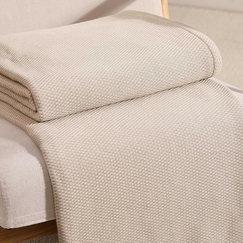 Tommy Hilfiger - Queen Cotton Blanket, Textured Pique Weave Bedding, Medium Weight Soft Blanket, Anti-Pilling & Fade Resistant, Ideal for Layering, Oeko-TEX Certified (Beige) - Image 4