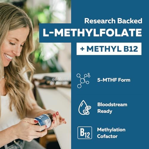 L Methylfolate 7.5mg plus Methyl B12 - Active 5-MTHF Form, MTHFR Supplement - Bloodstream Ready Methylated Folate + B12 Cofactor - Supports Mood, Homocysteine Methylation, Cognition (60 Capsules) - Image 2