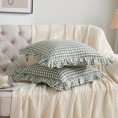 2 Pack 20"x20" Sage Green/White Plaid Ruffle Throw Pillow Covers - Image 2