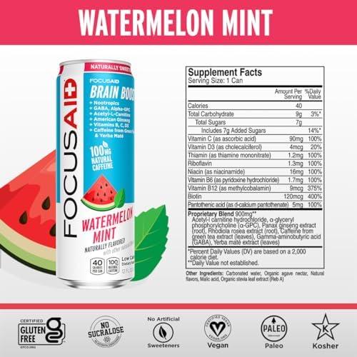 FOCUSAID Energy Drink, Brain Boost, Juicy Watermelon, Nootropics, Alpha-GPC, GABA, B-Complex, 100mg Caffeine, Yerba Mate, Green Tea, 100% Clean, No Artificial Sweeteners, 12 Oz(Pack of 12) - Image 2