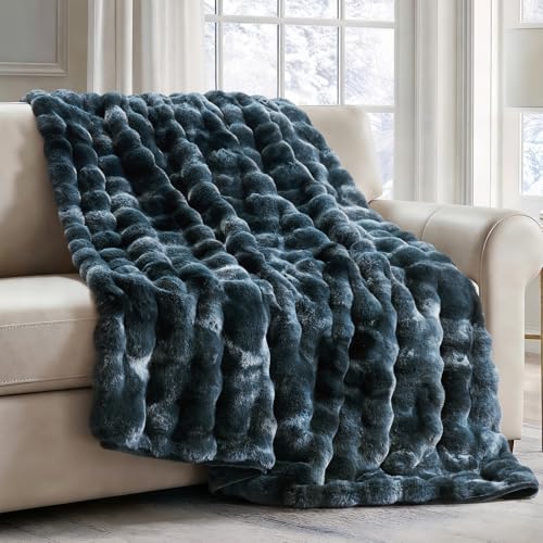 EverGrace Faux Rabbit Fur Bubble Throw Blanket, 60"x80", Marble Deep Indigo by EVERGRACE