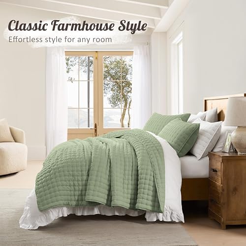 WDCOZY Sage Green Cloud Quilt Set King Size, Lightweight Soft Cross Stitch Bedspread, Farmhouse Rustic Country Coverlet, Spring Summer Thin Comforter, 3 Pieces, 2 Pillow Shams, 104x90 inches - Image 6