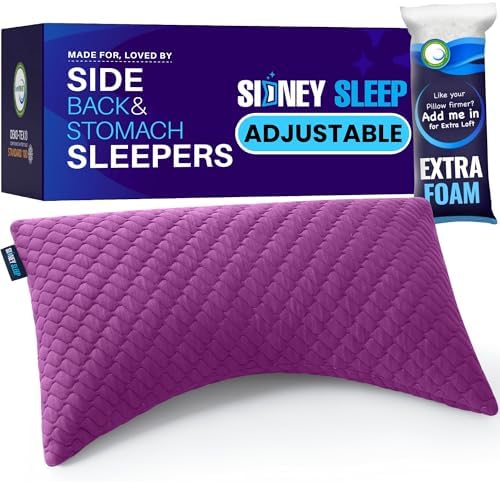 Sidney Sleep Adjustable Bed Pillow for Neck and Shoulder Support with Extra Shredded Fill - Cervical Contour Pillow for Side and Back Sleepers. Standard Size 19" x 26" CertiPUR-US Certified (Magenta) by SidneySleep
