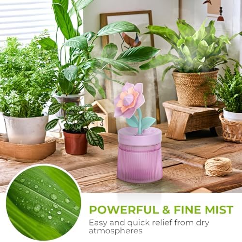 Cute Flower Mini Humidifier, Small Cool Mist Desk Humidifiers, Portable USB Personal Desktop Plant Humidifiers, Cooling for Home Office Car Travel Indoor Outdoor (260ml,Purple Gardenia) - Image 2