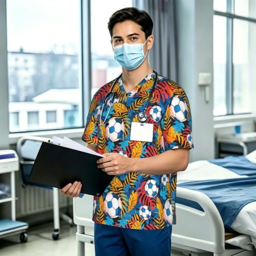 Men's Scrub Top,V-Neck Spill Wrinkle Resistant,3 Pockets-Tropical Palm Leaf Football (3) - Image 3