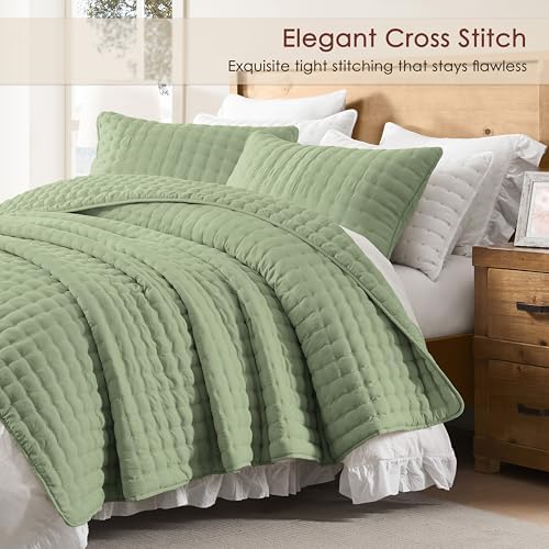 WDCOZY Sage Green Cloud Quilt Set Queen Size, Lightweight Soft Cross Stitch Bedspread, Farmhouse Rustic Country Coverlet, Spring Summer Thin Comforter, 3 Pieces, 2 Pillow Shams, 90x90 inches - Image 3