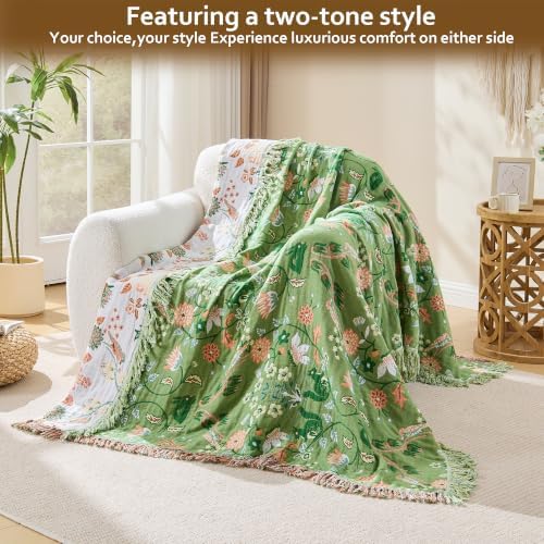VANJOROY Boho Throw Blanket, 100% Organic Cotton Breathable Skin-Friendly Ultra Soft 80" x 90" Bed Quilt Green Throw - Floral Rustic Decor Luxury Reversible Blanket for Sofa Couch Chair and Gift, - Image 2