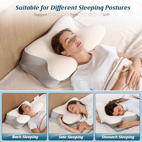 Cervical Neck Pillow for Pain Relief, Ergonomic Side Sleeper Pillow for Sleeping, Contour Orthopedic Memory Foam Pillows for Back & Stomach Sleepers with Pillowcase (Light Grey) - Image 3