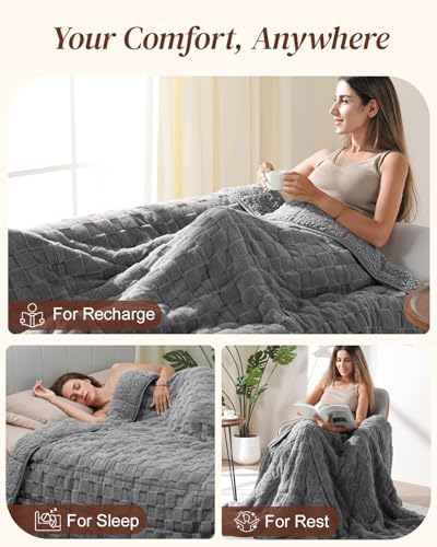 Kivik 15lbs Weighted Blanket for Adults, Checkered Fleece & Sherpa, 48"x72" - Image 5