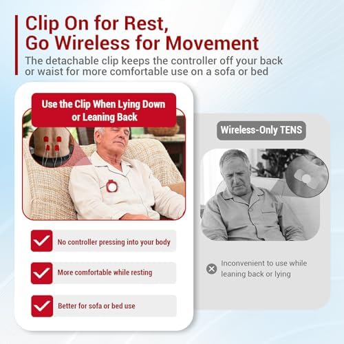 Comfytemp Wireless TENS Unit for Back Pain Relief, 2-in-1 TENS EMS Muscle Stimulator with Detachable Back Clip for More Comfortable Reclining Use, Remote Control, Rechargeable, EMS Machine for Back - Image 3