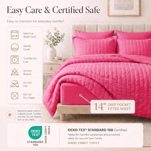 CozyLux Full Size Comforter Sets, 7 Pieces Hot Pink Seersucker Bed in a Bag - Image 5