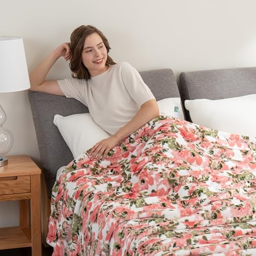 Berkshire Blanket-Classic Heavyweight Soft Printed VelvetLoft® Plush Blanket, Full/Queen Size Soft Fuzzy Warm Blanket for Couch Sofa Bed, Abstraction Pink Green, 90in x 90in - Image 3