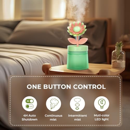 Cute Flower Mini Humidifier, Small Cool Mist Desk Humidifiers, Portable USB Personal Desktop Plant Humidifiers, Cooling for Home Office Car Travel Indoor Outdoor (260ml, Green Sunflower) - Image 2