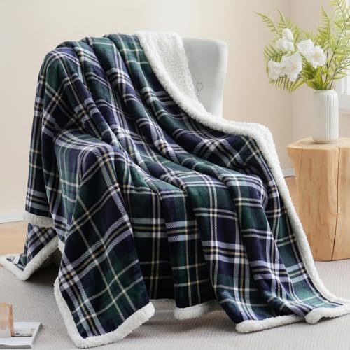 PU MEI Sherpa Fleece Throw Blanket 80" x 90" Reversible Plush Fluffy Large Big Blanket Lattice Flannel Blankets for All Season Use,Dark Green Check by HOME