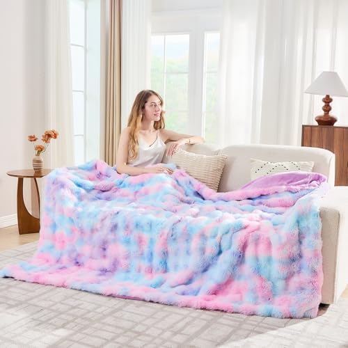 Lotus Karen Faux Fur Throw Blanket Tie-Dye Purple Rainbow - Big Bubble Rabbit Fluff Blanket for Couch, Large Fluffy Fuzzy Cozy Blanket,Thick Furry Plush Shaggy Blankets,108x90 Inches - Image 3