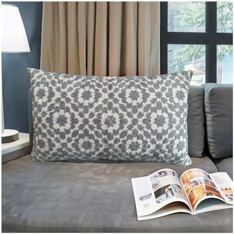 Throw Pillow Covers Decorative Lumbar Pillow Cover Silver 12 X 20 inch Mina Embroidered Trellis Cotton Canvas Bolster Pillowcase Grey 1 PC 30x50cm by Aitliving