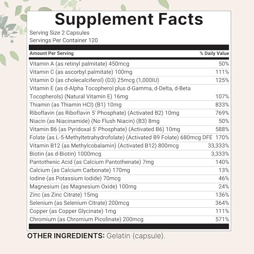 Micro Ingredients 2 Pack Pure Methylated Multivitamin, 480 Capsules | 19-in-1 Formula with Vitamins C, D, B12, Folate, Magnesium, Zinc, & More | Supports Daily Wellness & Immune Health | Filler Free - Image 2