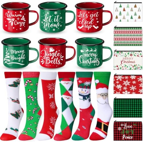 18 Pcs Christmas Set Xmas Makeup Bags Enamel Mugs Christmas Socks Bulk 2026 Gifts Santa Snowflake Party Favors for Adults Women Coworkers Teacher Xmas Winter Party Supplies Decor by Singhoow