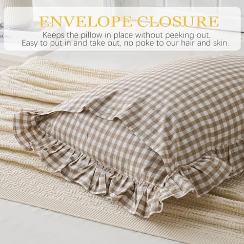 2 Pack Taupe White Plaid Gingham Ruffle Pillow Shams Standard Size 20"x26" - Image 5