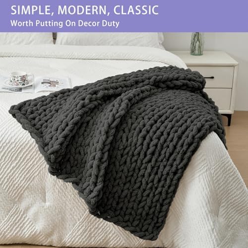 Bigacogo Chunky Knit Throw Blanket for Couch, 40x40 inches, Dark Grey - Image 3