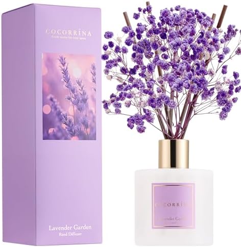 COCORRÍNA Reed Diffuser - Lavender Garden 6.7 Fl.oz Reed Diffuser Set with Sticks & Preserved Baby's Breath, Reed Diffuser for Home Bathroom Shelf Decor by COCORR%C3%8DNA