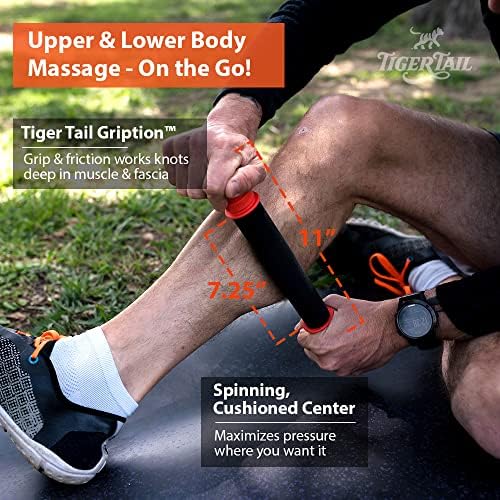 Tiger Tail 11in Massage Stick Portable Roller, Handheld, Deep Tissue Foam Roller for Legs, Neck, Calves, Thighs, Shins & Back, The Roadster 11, Made in USA, Orange Black - Image 2