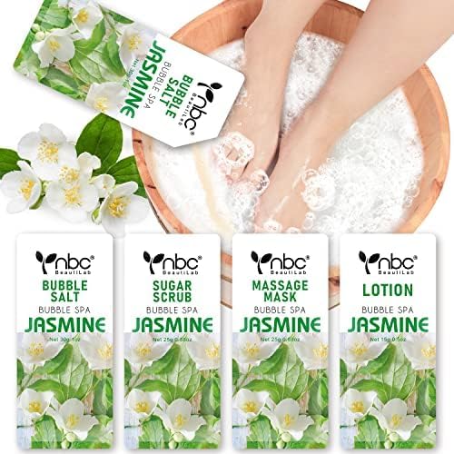 Pedicure Kit Foot Soak Set: Bubble Salt, Sugar Scrub, Massage Mask, Massage Lotion in a Box, 4 Step Foot Spa Kit for Dry Feet, Calluses and Tired Feet (1 Set Jasmine) by nbcBeautiLab