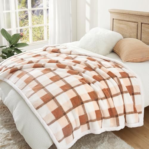 PU MEI Super Soft Faux Rabbit Fur Sherpa Fleece Throw Blanket, Reversible Luxury Cozy Cute Furry Blanket, Plush Warm Shaggy Fluffy Checkered Blankets for Sofa Couch Bed (Beige-Plaid, 60" x 80") - Image 2