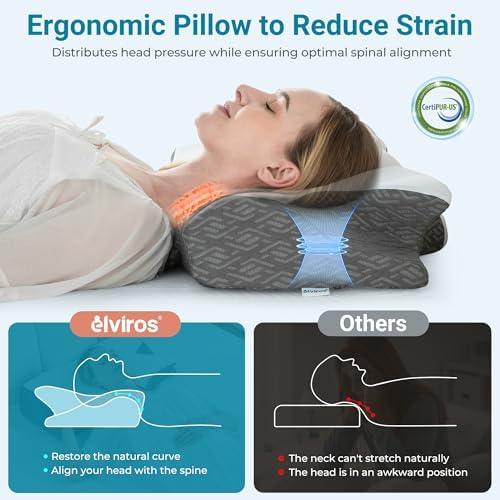 Elviros Cervical Neck Pillow for Sleeping, Memory Foam Pillow for Neck Pain Relief, Side Sleeper Cooling Pillows for Adults, Neck Support with Removable Pillowcase for Back & Stomach Sleepers - Image 2