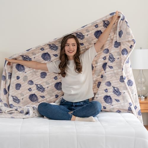 Berkshire Blanket-Classic Heavyweight Soft Printed VelvetLoft® Plush Blanket, Full/Queen Size Soft Fuzzy Warm Blanket for Couch Sofa Bed, Classic Shells Navy, 90in x 90in - Image 2