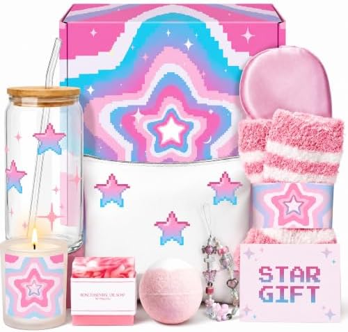 Gift Baskets for Women 9pcs Y2K Star Birthday Gifts for Teen Girls Pixel Gift Box Star Glass Cup Self Care Spa Stuff for Her Sister Friend Mom Perfect for Sweet 16 18th 21st Bday Mothers Day by Unknown