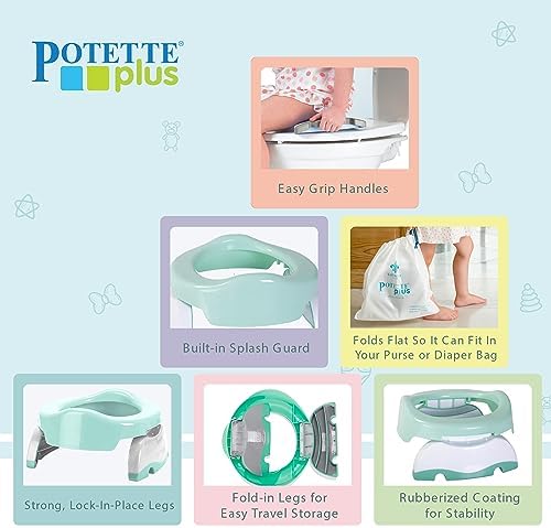 Kalencom Potette Plus 2-in-1 Travel Potty and Trainer Seat - Dual-Purpose Potty Training Toilet Seat - Portable Potty for Toddler Travel - with Durable, Lock-in Legs and Splash Guard - Pastel Mint - Image 2