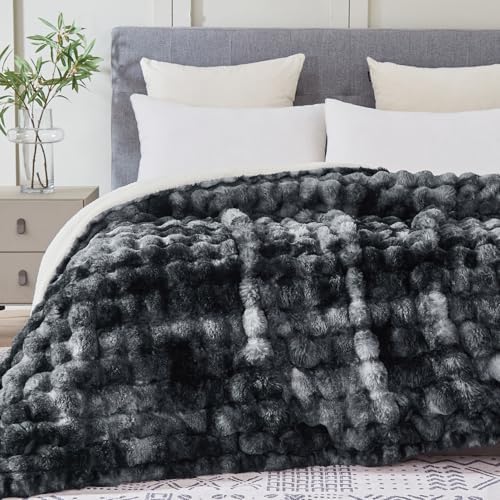 50x60 Inches Ultra-Soft Fuzzy Faux Fur Plush Throw Blanket - Thick, Warm Sherpa for Couch, Sofa, Bedroom, Camping - Decorative Blanket for Cozy Warmth, Bubble Black Tie Dye - Image 5