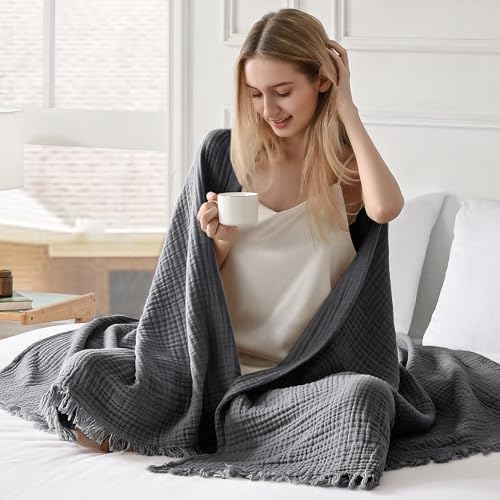 Esterra Muslin Throw Blanket 50x65 Inches Cozy Soft Lightweight Pre-Washed Cotton Blanket, All Season Breathable 4-Layer Gauze Blanket Throw for Sofa Couch Bed, Dark Gray - Image 4