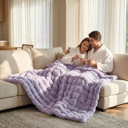 DREAMNINE Soft Faux Bubble Rabbit Fur Blanket Queen Size, Thick Cozy Decorative Warm Fuzzy Fur Blanket for Bed Couch Sofa Chair Bedroom Living Room Dorm Gift, 80 * 90 Inches, Lilac Purple - Image 3