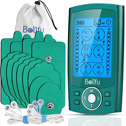 Belifu Dual Channel TENS EMS Unit with 12 Pads, 24 Modes Muscle Stimulator, Electronic Pulse Massager Muscle Massager for Pain Relief Therapy, Fastening Cable Ties, Dust-Proof Drawstring Storage Bag by Belifu