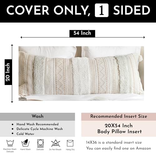 BlissBlush 20X54 Oversized Large Lumbar Pillow Cover for Bed, Rectangular Long Decorative Throw Pillowcase, Cotton Boho Accent Cushion with Tufted Pattern and Tassels, Cream Beige Neutral (Cover Only) - Image 2