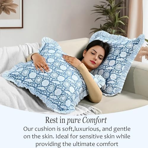 CPC Blue Meadow Hand Block Print 100% Cotton Ruffle Throw Pillow Cover 24x24 inch with Hidden Zipper Decorative for Couch, Bed, Sofa, Farmhouse, Cottagecore Decor Gift Christmas Fall Thanksgiving - Image 5