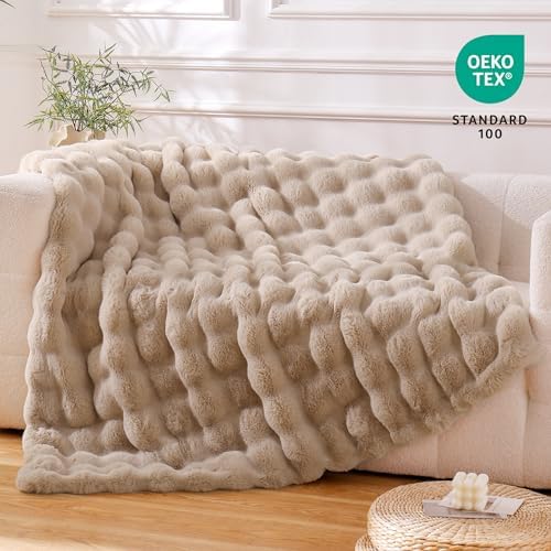 BENVWE Faux Fur Throw Blanket for Couch Bed - Fluffy Soft Thick Bubble Blanket for Living Room Home Decor - Mothers Day Birthday Gifts for Women, Beige, 63" x 80" - Image 6