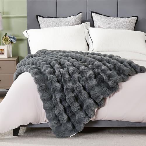 DREAMNINE Soft Faux Bubble Rabbit Fur Blanket Twin Size, Thick Cozy Decorative Warm Fuzzy Fur Blanket for Bed Couch Sofa Chair Bedroom Living Room Dorm Gift, 60 * 70 Inches, Grey - Image 6