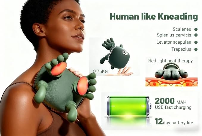 Bionic Heated Massager, Portable Shiatsu Neck and Back Massager, Electric Deep Tissue 4D Kneading Massage, Simulated Human Hand Design for Pain Relief and Muscle Relax (PY-070 Textile Green) - Image 4