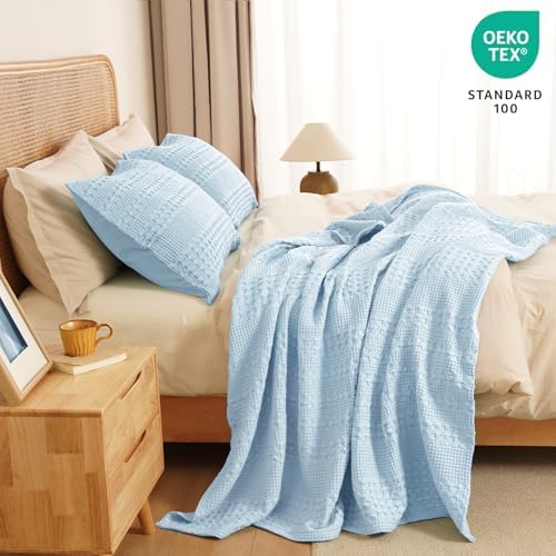 PHF Lightweight 100% Cotton Waffle Throw Blanket for Couch, Baby Blue - Image 5